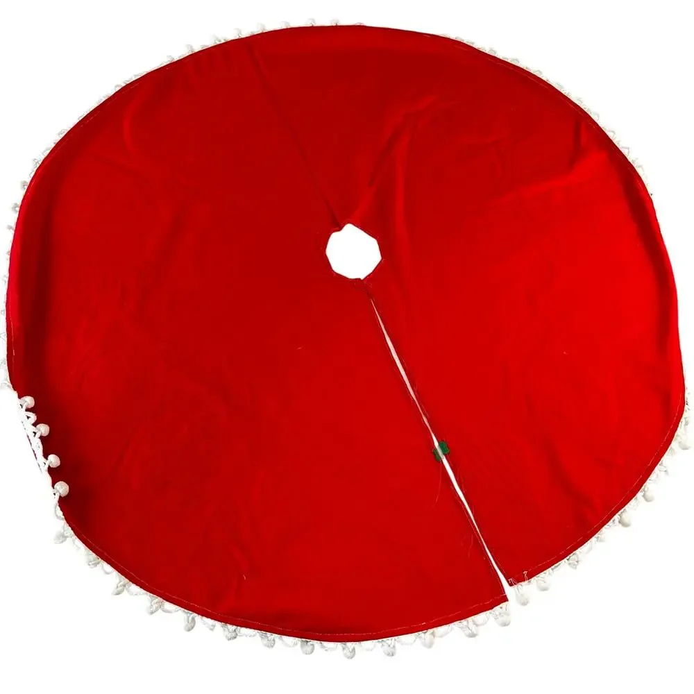 Vintage Handmade Felt Applique Christmas Tree Skirt Red Corduroy